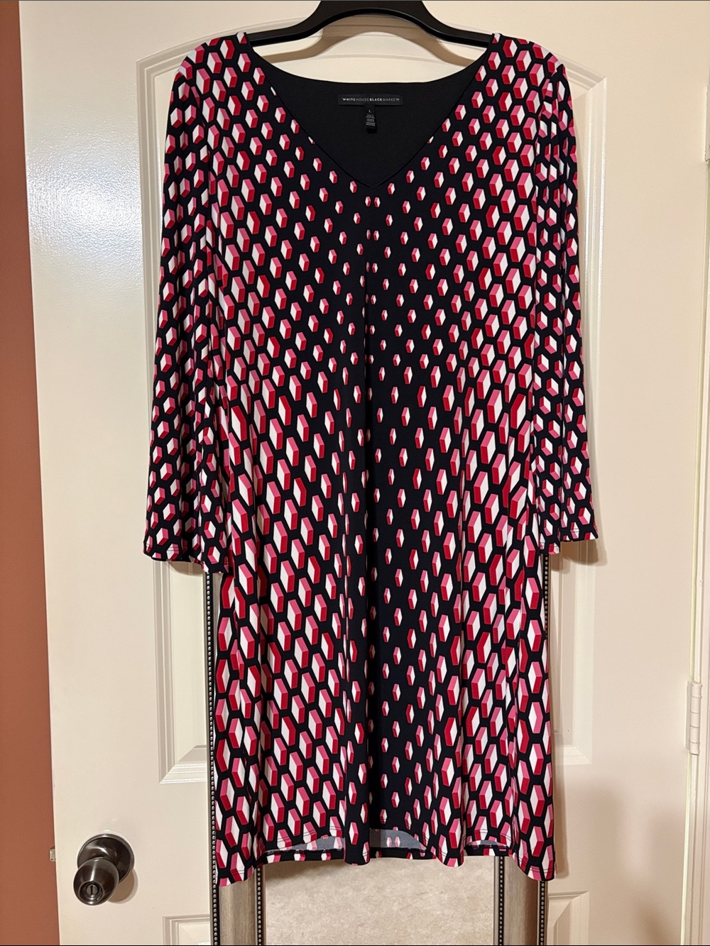 White House Black Market Black Pink Geometric V-Neck Dress